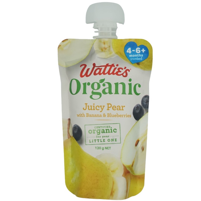 Wattie’s Organic Baby Food 4-6+ months – Juicy Pear w/ Banana & Blueberries (120g)