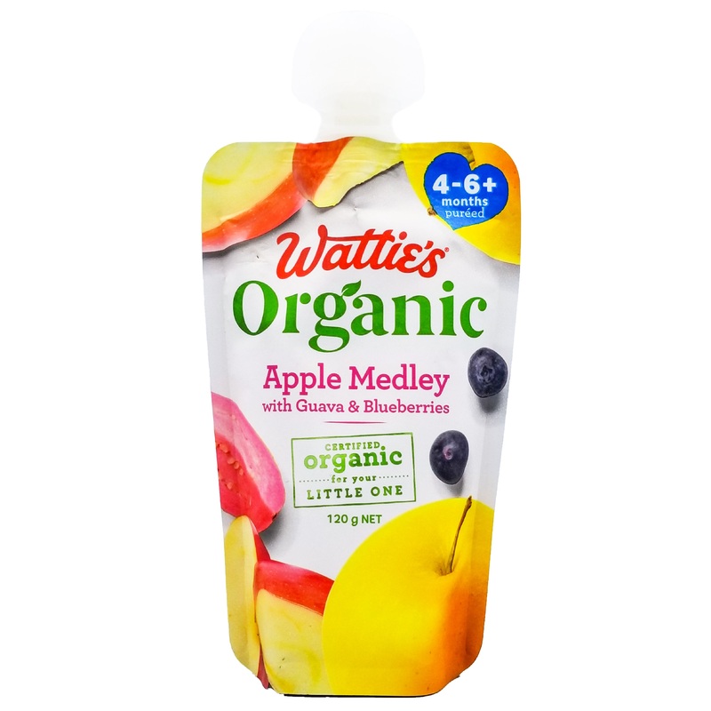 Wattie’s Organic Baby Food 4-6+ months – Apple Medley w/ Guava & Blueberries (120g)