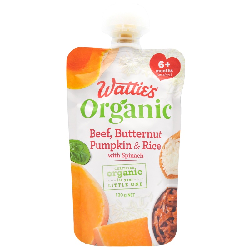 Wattie’s Organic Baby Food 6+ months – Beef, Butternut Pumpkin, Rice & Spinach (120g)