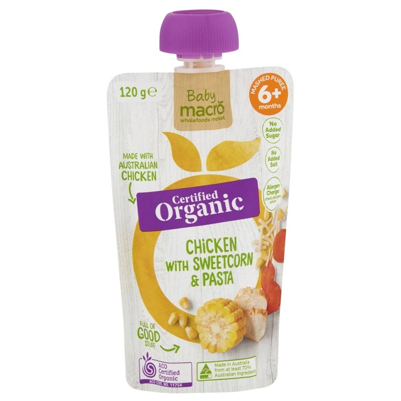 Macro Organic Baby Food 6+ Months – Chicken w/ Sweetcorn & Pasta (120g)