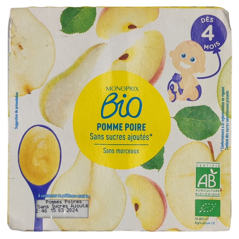 Monoprix Organic Baby Food 4+ months – Apple Pear (4x100g)