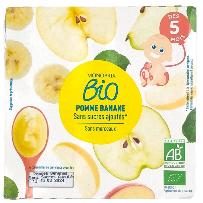 Monoprix Organic Baby Food 5+ months – Apple Banana (4x100g)