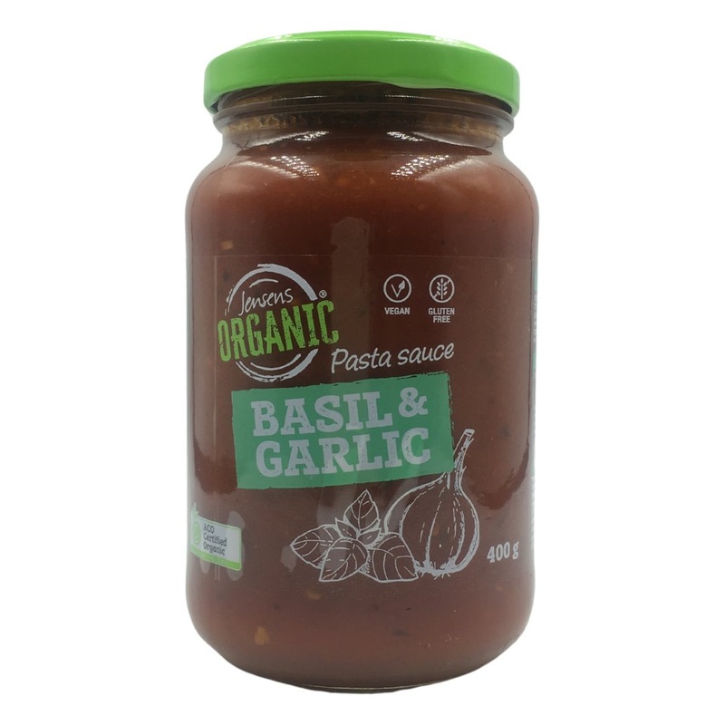 Jensens Organic Pasta Sauce – Basil & Garlic (400g)