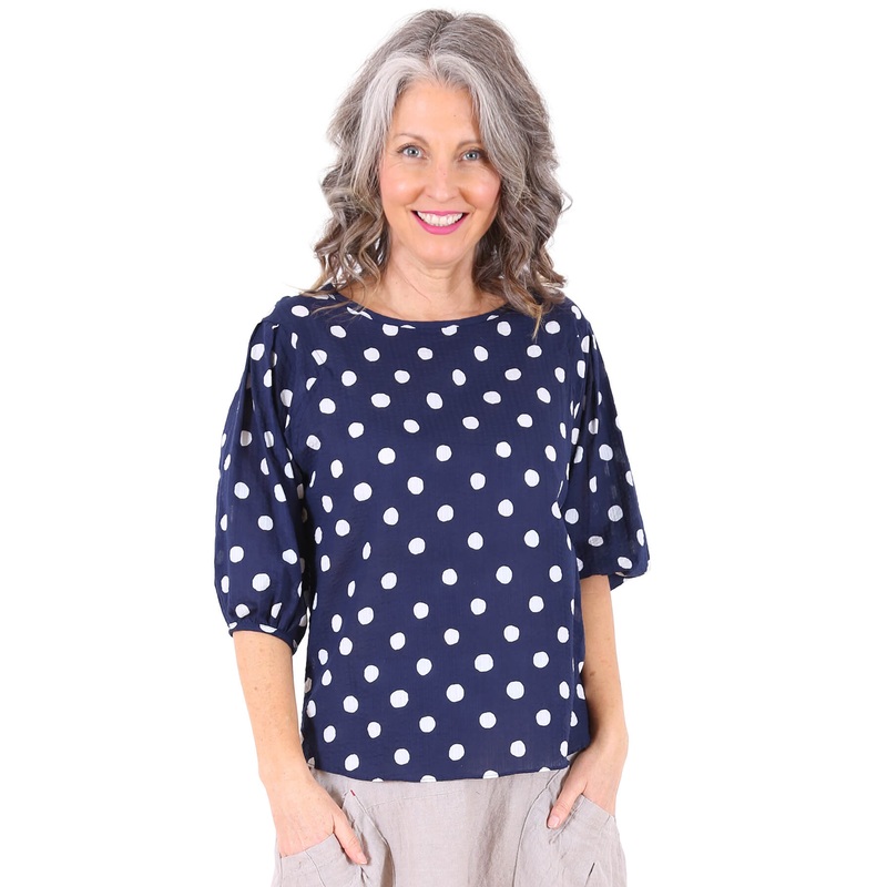 Cyan Spot Blouse Navy in Seersucker