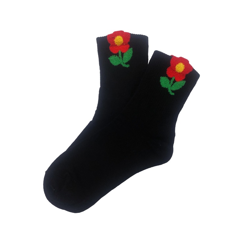 Black Ankle Socks with Red Flower