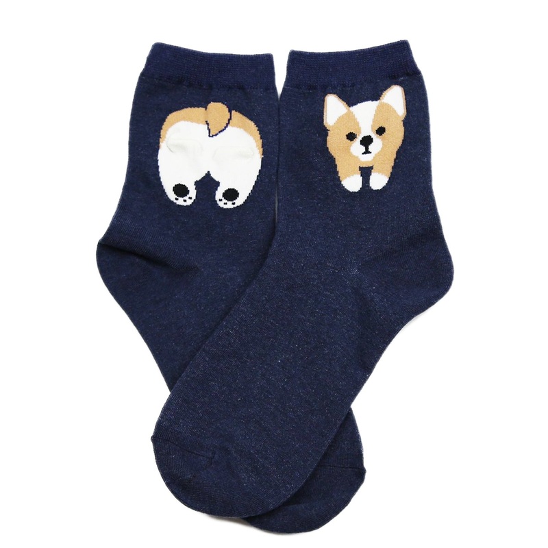 Cheeky Corgi Dog Cotton Socks Navy