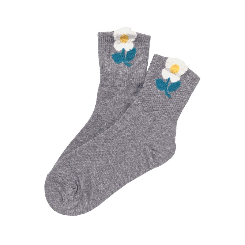 Grey Fluffy Flower Ankle Socks