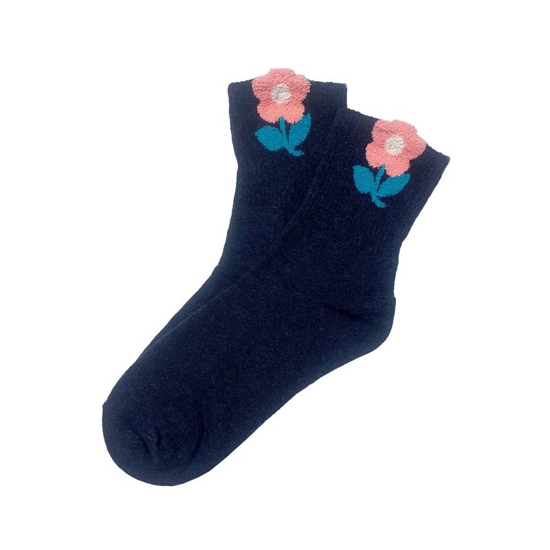 Navy Socks with Pink Ankle Flower