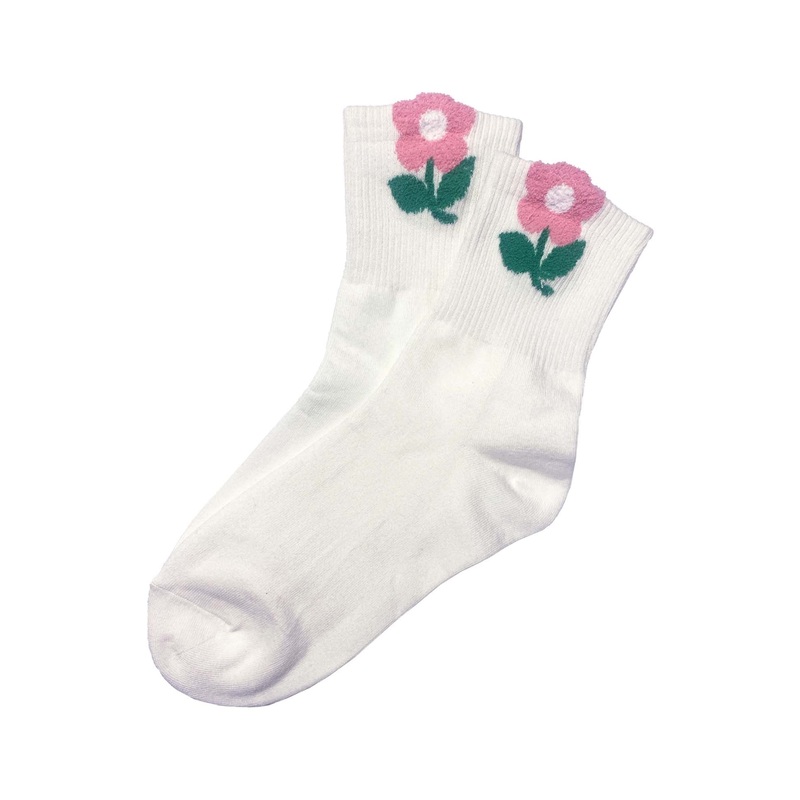White Socks with Pink Ankle Flower