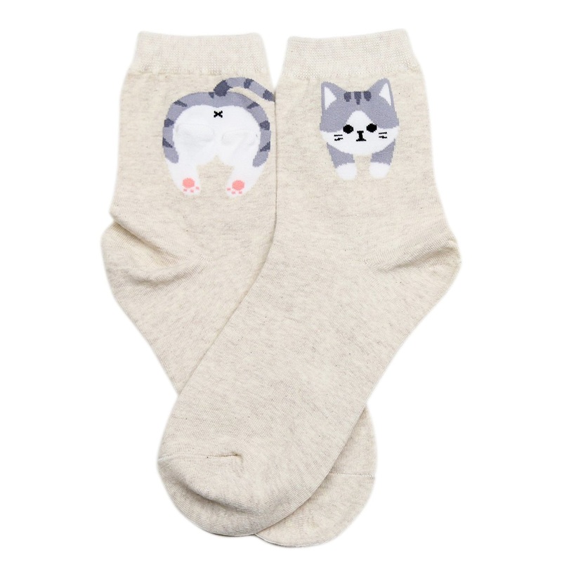 Cheeky Bum Cat Cotton Socks Beige